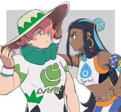Rule 34 | 1boy, 1girl, arm up, armlet, belly chain, bike shorts, black hair, blue eyeshadow, blush, closed mouth, commentary request, creatures (company), dark-skinned female, dark skin, dynamax band, eye contact, eyeshadow, game freak, green scarf, grey background, hair bun, hand on own hip, hand up, hat, highres, jewelry, long hair, looking at another, makeup, midriff, milo (pokemon), mocollie, multicolored hair, navel, necklace, nessa (pokemon), nintendo, pink hair, pokemon, pokemon swsh, scarf, shirt, short sleeves, sports bra, sun hat, two-tone hair, white shirt