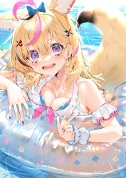Rule 34 | 1girl, :d, absurdres, ahoge, animal ear fluff, animal ears, bikini, blonde hair, blue nails, bow, breast press, breasts, commentary request, day, extra ears, fox ears, fox tail, hair between eyes, hair bow, hair ornament, highres, hololive, innertube, kou mashiro, medium breasts, multicolored hair, multicolored nails, omaru polka, open mouth, pink hair, pool, purple eyes, red nails, smile, solo, streaked hair, swim ring, swimsuit, tail, virtual youtuber, water, white bikini, wrist cuffs, x hair ornament