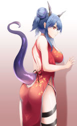 Rule 34 | 1girl, absurdres, arknights, armpit crease, ass, back, back cutout, bare arms, bare shoulders, black panties, blue hair, butt crack, ch&#039;en (ageless afterglow) (arknights), ch&#039;en (arknights), china dress, chinese clothes, clothing cutout, cowboy shot, dragon horns, dragon tail, dress, from side, gradient background, hair bun, highres, horns, long hair, looking at viewer, looking to the side, nevin (flyskying), official alternate costume, panties, parted lips, pelvic curtain, profile, red dress, single hair bun, sleeveless, sleeveless dress, solo, standing, string panties, tail, tail raised, tail through clothes, thigh strap, thighs, underwear