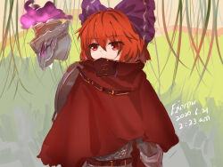 Rule 34 | 1girl, alternate costume, armor, bow, cloak, commentary, dated, english commentary, hair bow, highres, outdoors, red eyes, red hair, sekibanki, signature, solo, top-exerou, touhou, upper body