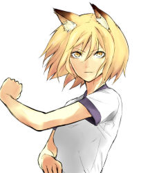 Rule 34 | 1girl, alternate costume, animal ears, bad id, bad pixiv id, blonde hair, clenched hand, clenched hands, daiji pt, fang, female focus, fox ears, gym uniform, light smile, no headwear, short hair, simple background, solo, touhou, upper body, yakumo ran, yellow eyes