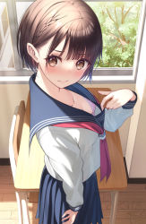 Rule 34 | 1girl, arm at side, blue sailor collar, blue skirt, blush, bra, braid, breasts, brown eyes, brown hair, classroom, closed mouth, clothes pull, collarbone, commentary request, day, desk, downblouse, from side, indoors, long sleeves, looking at viewer, looking to the side, medium skirt, mottsun (i 40y), neckerchief, original, paid reward available, pink bra, pleated skirt, polka dot, polka dot bra, pulled by self, red neckerchief, sailor collar, school desk, school uniform, serafuku, shirt, shirt pull, skirt, small breasts, smile, solo, underwear, v-shaped eyebrows, white shirt, window, wooden floor