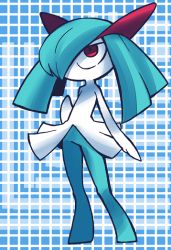 Rule 34 | 1girl, alternate color, arm at side, blue background, blue hair, blue skin, blue theme, colored skin, creatures (company), female focus, flat chest, full body, game freak, gen 3 pokemon, hair over one eye, hand up, kirlia, long hair, looking up, minashirazu, multicolored skin, nintendo, no mouth, one eye covered, pokemon, pokemon (creature), red eyes, shiny pokemon, sidelocks, solo, standing, two-tone skin, white skin