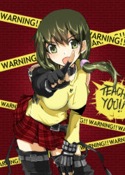 Rule 34 | 1girl, alternate costume, boots, bracelet, breasts, brown eyes, brown hair, casual, caution tape, collar, english text, fingerless gloves, gloves, hair ornament, jewelry, kami nomi zo shiru sekai, large breasts, long hair, nagase jun, open mouth, plaid, plaid skirt, pointing, caution tape, side ponytail, skirt, solo, thigh boots, thighhighs, trefle r
