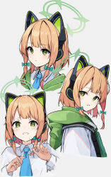 Rule 34 | 1girl, animal ear headphones, animal ears, aqua bow, blonde hair, blue archive, blue necktie, blush, bow, cat ear headphones, closed mouth, collared shirt, commentary request, fake animal ears, green eyes, grimace, hachita (odangoya), hair bow, halo, headphones, highres, hood, hooded jacket, jacket, long sleeves, looking at viewer, midori (blue archive), multiple views, necktie, parted lips, shirt, short hair, simple background, tearing up, upper body, white background, white shirt