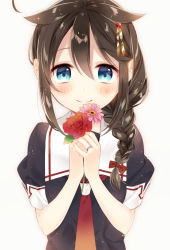 Rule 34 | 10s, 1girl, arms at sides, beige background, blue eyes, blush, braid, brown hair, closed mouth, commentary request, flower, hair between eyes, hair flaps, hair ornament, holding, holding flower, jewelry, kantai collection, looking at viewer, naoto (tulip), neckerchief, pink flower, red flower, red neckerchief, red rose, revision, ring, rose, shigure (kancolle), shigure kai ni (kancolle), short sleeves, side braid, simple background, single braid, smile, solo, tareme, upper body, wedding band