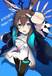 Rule 34 | 1girl, absurdres, amiya (arknights), animal ears, arknights, arm up, ascot, ateoyh, black pantyhose, blue background, blue choker, blue eyes, blue jacket, brown hair, choker, commentary request, dress, highres, jacket, jewelry, long hair, long sleeves, open clothes, open jacket, pantyhose, rabbit ears, ring, solo, standing, thigh strap, white ascot, white dress