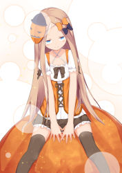 Rule 34 | 1girl, abigail williams (fate), absurdres, between legs, black bow, blue eyes, blush, bow, brown skirt, brown thighhighs, closed mouth, collarbone, commentary request, cross-laced clothes, fate/grand order, fate (series), forehead, frilled skirt, frills, hair bow, halloween, hand between legs, head tilt, highres, light brown hair, long hair, mask, mask on head, orange bow, parted bangs, pleated skirt, polka dot, polka dot bow, puffy short sleeves, puffy sleeves, shirt, short sleeves, skirt, smile, solo, sparkle, su guryu, thighhighs, underbust, very long hair, white shirt