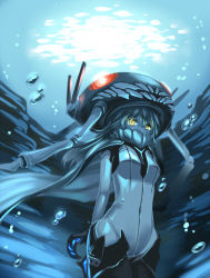 Rule 34 | 10s, 1girl, abyssal ship, bodysuit, bubble, gloves, glowing, glowing eyes, hat, kantai collection, long hair, solo, water, wo-class aircraft carrier, yellow eyes, zaxwu
