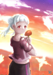 Rule 34 | 1girl, absurdres, aqua wristband, arashi chisato, artist name, artist request, black shorts, black tank top, blue wristband, blush, breasts, bug, butterfly, cloud, collarbone, double bun, female focus, floating hair, flower, from behind, hair bun, hair tie, highres, holding, holding flower, insect, kingan, long hair, looking at viewer, looking back, love live!, love live! school idol festival, love live! superstar!!, myopia (kingan artlife), orange flower, outdoors, parted lips, red eyes, red shirt, shirt, short shorts, short sleeves, shorts, sky, smile, solo, star (sky), sunset, tank top, twintails, undershirt, wavy hair, white hair