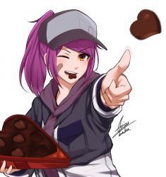 Rule 34 | 1girl, airisubaka, artist name, bandaid, bandaid on cheek, bandaid on face, box, breasts, brown eyes, candy, chocolate, chocolate heart, commentary, food, hat, heart, highres, holding, holding box, leah (airisubaka), long hair, long sleeves, looking at viewer, medium breasts, one eye closed, open mouth, original, ponytail, purple hair, signature, simple background, smile, solo, white background