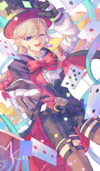 Rule 34 | 1boy, ;d, ace (playing card), ace of hearts, arm up, black gloves, black headwear, black shorts, bow, bowtie, card, commentary request, detached sleeves, facial mark, genshin impact, gloves, grey hair, grey thighhighs, heart, highres, lyney (genshin impact), male focus, maron star, one eye closed, open mouth, pink bow, pink bowtie, playing card, purple eyes, reaching, reaching towards viewer, shirt, shorts, smile, solo, thighhighs, white shirt