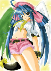 Rule 34 | 1girl, arc system works, asymmetrical wings, blue hair, breasts, dizzy (guilty gear), guilty gear, large breasts, lowres, pirate, red eyes, ribbon, solo, tail, tail ornament, tail ribbon, underboob, wings