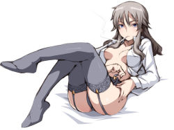 Rule 34 | 1girl, blue eyes, breasts, cigarette, elizabeth f. beurling, garter belt, garter straps, grey thighhighs, long hair, looking at viewer, lying, medium breasts, on back, open clothes, open shirt, shirt, silver hair, smoking, solo, strike witches, strike witches: suomus misfits squadron, tabigarasu, thighhighs, white background, white shirt, world witches series