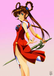 Rule 34 | 1girl, 2019, ass, breasts, brown hair, closed mouth, dated, dress, floating hair, from side, gradient background, green eyes, holding, holding sword, holding weapon, long hair, looking at viewer, mamono hunter youko, mano youko, outstretched hand, pink background, red dress, side slit, signature, sleeveless, sleeveless dress, smile, solo, standing, sword, tomo5656ky, very long hair, weapon, white background