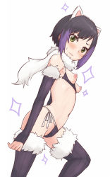 Rule 34 | 1girl, bare shoulders, bikini, black hair, blush, breastless clothes, breasts, chiwino, detached sleeves, female focus, green eyes, looking at viewer, multicolored hair, nipples, pretty series, pretty rhythm, pretty rhythm rainbow live, purple hair, short hair, side-tie bikini bottom, simple background, small breasts, solo, suzuno ito, swimsuit, thighhighs, two-tone hair