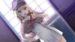 Rule 34 | 1girl, blonde hair, bow, bowtie, brown capelet, brown hat, capelet, collarbone, dress, dutch angle, floating hair, game cg, hair between eyes, hand on own hip, hat, highres, holding, kamisama no you na kimi e, kantoku, lana liddell-hart, long hair, looking at viewer, official art, open mouth, plaid, plaid bow, plaid bowtie, plaid neckwear, pleated dress, purple eyes, red bow, red bowtie, short dress, smoke, solo, standing, v-shaped eyebrows, white dress