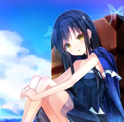 Rule 34 | 1girl, black hair, black hairband, blue cape, blue sky, breasts, bug, butterfly, cape, cloud, day, dress, hair ornament, hairband, hayami rokushichi, highres, insect, key (company), knees up, kushima kamome, long hair, looking at viewer, medium breasts, outdoors, sitting, skull hair ornament, sky, solo, summer pockets, white butterfly, yellow eyes