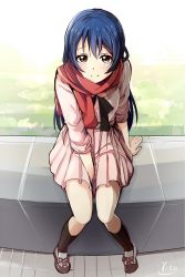 Rule 34 | 1girl, arm support, between legs, blue hair, blush, commentary request, dress, female focus, from above, full body, hand between legs, highres, long hair, looking at viewer, love live!, love live! school idol festival, love live! school idol project, outdoors, red scarf, scarf, sitting, skirt, smile, solo, sonoda umi, tata (tataice)