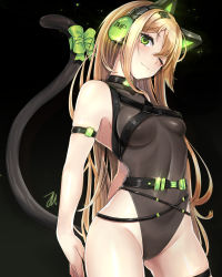 Rule 34 | 1girl, :3, absurdres, animal ear headphones, animal ears, arm strap, arms behind back, belt, black background, black leotard, blonde hair, blush, bow, breasts, cameltoe, cat ear headphones, cat ears, cat tail, choker, commentary, fake animal ears, girls&#039; frontline, glint, green bow, green eyes, green ribbon, groin, hair between eyes, headphones, highres, leotard, light particles, long hair, looking at viewer, medium breasts, multiple straps, one eye closed, ribbon, sidelocks, simple background, skindentation, solo, sunmil, tail, tail ornament, tail ribbon, thigh strap, tmp (girls&#039; frontline), very long hair