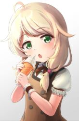 Rule 34 | 1girl, ahoge, blonde hair, blush, brown dress, brown ribbon, buttons, child, commentary, dress, food, frilled shirt, frilled sleeves, frilled wristband, frills, gradient background, green eyes, grey background, highres, holding, holding food, holding ice cream, ice cream, idolmaster, idolmaster cinderella girls, looking at viewer, low twintails, marimo (midiina), neck ribbon, open mouth, ribbon, shirt, short sleeves, sidelighting, sleeveless, sleeveless dress, soft serve, solo, swept bangs, twintails, upper body, white background, white shirt, yusa kozue