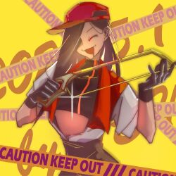 Rule 34 | 1girl, baseball cap, black gloves, black pants, butcher vanity (synthesizer v), caution tape, chinese commentary, closed eyes, commentary request, cowboy shot, gloves, hat, jacket, keep out, long hair, open clothes, open jacket, open mouth, pants, red hat, short sleeves, smile, solo, synthesizer v, tbhbutwhy, yi xi (synthesizer v)