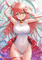 Rule 34 | 1girl, :o, absurdres, ahoge, armpits, arms up, bell, blush, breasts, bubble, covered navel, floating hair, green eyes, hair between eyes, hair ornament, hairclip, highleg, highleg swimsuit, highres, hololive, large breasts, long hair, looking at viewer, neck bell, one-piece swimsuit, open mouth, parted lips, partially submerged, petals, pink hair, red hair, red ribbon, revision, ribbon, sakura miko, solo, swimsuit, thigh gap, two side up, uni ikura, virtual youtuber, wet, wet clothes, wet swimsuit, white one-piece swimsuit