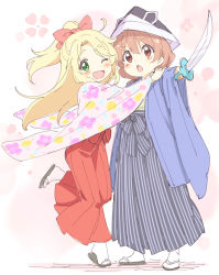 Rule 34 | 2girls, ;d, black footwear, black headwear, blonde hair, blush, bow, brown eyes, brown hair, commentary request, floral background, floral print, green eyes, hair between eyes, hair bow, hakama, hakama skirt, highres, himesaka noa, holding, holding sword, holding weapon, hoshino hinata, japanese clothes, jigatei (omijin), kimono, kodomo no hi, long hair, long sleeves, multiple girls, one eye closed, open clothes, open mouth, paper hat, paper kabuto, parted bangs, pink kimono, ponytail, print kimono, red bow, red hakama, sandals, short eyebrows, skirt, smile, socks, standing, standing on one leg, sword, tabi, teeth, thick eyebrows, upper teeth only, very long hair, watashi ni tenshi ga maiorita!, weapon, white legwear, wide sleeves, zouri