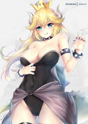 Rule 34 | 1girl, :q, armlet, bare shoulders, blonde hair, blue eyes, bowsette, bracelet, breasts, claw pose, cleavage, cleavage reach, collar, commentary, covered navel, cowboy shot, crown, dress, covered erect nipples, highleg, highleg leotard, highres, horns, jewelry, large breasts, leotard, looking at viewer, mario (series), nail polish, new super mario bros. u deluxe, nintendo, rei kun, simple background, solo, spiked bracelet, spiked collar, spikes, super crown, tail, tongue, tongue out
