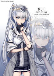 Rule 34 | 1girl, absurdres, black gloves, breasts, character name, closed mouth, clothes writing, fuyutsuki (kancolle), gloves, grey eyes, grey hair, hachimaki, hair between eyes, headband, headgear, highres, himura moritaka, kantai collection, long hair, neckerchief, one side up, pleated skirt, projected inset, sailor collar, school uniform, serafuku, simple background, skirt, solo, very long hair, white background, white headband, white sailor collar