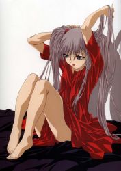 Rule 34 | 1990s (style), 1girl, absurdres, barefoot, bed, dress, feet, gotou keiji, highres, hoshino ruri, kidou senkan nadesico, kidou senkan nadesico - prince of darkness, lipstick, makeup, red dress, retro artstyle, solo, thighs, twintails