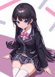 Rule 34 | 1girl, arm rest, arms at sides, bangs pinned back, black hair, black jacket, black skirt, blazer, blue eyes, bow, bowtie, braid, closed mouth, cowboy shot, crossed legs, dot nose, french braid, frilled skirt, frills, hair ornament, hairpin, highres, jacket, long hair, long sleeves, looking at viewer, miniskirt, nijisanji, pink bow, pink bowtie, plaid, plaid skirt, pleated skirt, purple pupils, school uniform, sidelocks, sitting, skirt, smile, solo, straight hair, thighhighs, tooo88, tsukino mito, virtual youtuber, white thighhighs, zettai ryouiki