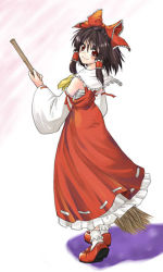 Rule 34 | 1girl, black hair, bobby socks, bow, broom, brown eyes, brown hair, detached sleeves, dress, female focus, full body, hair bow, hair tubes, hakurei reimu, holding, looking at viewer, looking back, mary janes, red bow, red dress, shoes, short hair, sidelocks, simple background, socks, solo, standing, touhou, white background, white socks