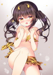 Rule 34 | 1girl, animal print, beans, blush, breasts, breath, brown hair, cleavage, commentary request, covering privates, covering breasts, fang, grey background, highres, horns, long hair, looking at viewer, mamemaki, medium breasts, no panties, oni horns, open mouth, original, sasai saji, setsubun, signature, simple background, solo, symbol-shaped pupils, tiger print, trembling, twintails, wavy mouth, yellow eyes