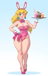 Rule 34 | 1girl, absurdres, alternate eyebrows, animal ears, blonde hair, blue eyes, blush, breasts, bubble tea, commentary, crown, cup, detached collar, drinking glass, earrings, english commentary, fake animal ears, gloves, highres, holding, holding tray, jewelry, large breasts, leotard, long hair, mario (series), nintendo, one eye closed, playboy bunny, ponytail, princess peach, rabbit ears, riz, strapless, strapless leotard, thick eyebrows, thick thighs, thighs, tray, waitress