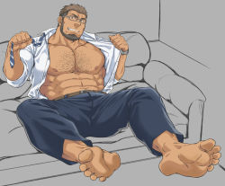 Rule 34 | 1boy, abs, bara, bare pectorals, barefoot, chest hair, collared shirt, couch, dark-skinned male, dark skin, feet, foot focus, full body, glasses, highres, large pectorals, male focus, mature male, multicolored hair, muscular, muscular male, navel, necktie, nipples, on couch, original, pectorals, presenting foot, salaryman, shirt, short hair, smirk, soles, solo, spread legs, stomach, tetsu (kurotetsu1379), toes, two-tone hair, undone necktie, undressing, unfinished