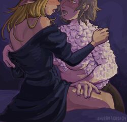 Rule 34 | 2girls, after kiss, artist name, black dress, blonde hair, breasts, chimera, churroach, commentary, dated, dress, dungeon meshi, elf, english commentary, falin touden, falin touden (chimera), feathers, hand on another&#039;s shoulder, hand on another&#039;s thigh, highres, kiss, long hair, looking at another, marcille donato, marcille donato (lord), multiple girls, pointy ears, short hair, spoilers, underboob, undressing another, white feathers, yuri