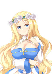 Rule 34 | 1girl, absurdres, arch bishop (ragnarok online), arm under breasts, blonde hair, blue eyes, blush, breasts, cleavage, commentary request, flower, head wreath, highres, large breasts, long hair, looking at viewer, masaya ichika, open mouth, ragnarok online, sash, shiny skin, shrug (clothing), simple background, solo, upper body, wavy hair, white background, white flower, yellow sash