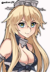 Rule 34 | 1girl, blonde hair, blue eyes, breasts, cleavage, front-tie top, headgear, highres, iowa (kancolle), kantai collection, large breasts, long hair, looking at viewer, maakun (makun dx), one-hour drawing challenge, simple background, solo, star-shaped pupils, star (symbol), symbol-shaped pupils, twitter username, upper body, white background
