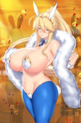 Rule 34 | 1girl, artoria pendragon (all), artoria pendragon (fate), artoria pendragon (lancer) (fate), artoria pendragon (swimsuit ruler) (fate), aster crowley, blonde hair, blue necktie, blue pantyhose, braid, breasts, cameltoe, cape, cleavage, cleft of venus, detached collar, fate/grand order, fate (series), french braid, groin, hair between eyes, heart maebari, highres, huge breasts, leotard, maebari, meme attire, navel, necktie, pantyhose, pasties, playboy bunny, reverse bunnysuit, reverse outfit, solo, standing, thick thighs, thighs