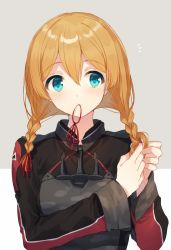 Rule 34 | 10s, 1girl, ^^^, alternate hairstyle, aqua eyes, blonde hair, blue eyes, braid, braiding hair, breasts, commentary request, cross, hair between eyes, hair over shoulder, hair ribbon, hairdressing, hiiragi souren, iron cross, kantai collection, long hair, long sleeves, looking at viewer, mouth hold, no headwear, prinz eugen (kancolle), red ribbon, ribbon, ribbon in mouth, simple background, small breasts, solo, twin braids, twintails
