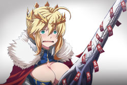 Rule 34 | 1girl, ahoge, artoria pendragon (fate), artoria pendragon (lancer) (fate), blonde hair, braid, breasts, cleavage, commentary request, crown, fate/grand order, fate (series), french braid, fujitaka nasu, fur trim, green eyes, hair between eyes, highres, large breasts, long hair, looking at viewer, sidelocks, solo, wavy mouth