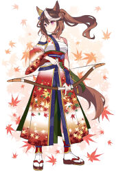 Rule 34 | 1girl, animal ears, arrow (projectile), autumn leaves, bare shoulders, bow (weapon), breasts, brown footwear, brown hair, closed mouth, collarbone, commentary request, floating hair, hadanugi dousa, hair between eyes, holding, holding arrow, holding bow (weapon), holding weapon, horse ears, horse girl, horse tail, japanese clothes, kimono, leaf, long hair, looking away, looking to the side, maple leaf, mauve, medium breasts, multicolored hair, official alternate costume, official alternate hairstyle, open clothes, open kimono, ponytail, purple eyes, sandals, sarashi, smile, socks, solo, streaked hair, symboli rudolf (archer of the white moon) (umamusume), symboli rudolf (umamusume), tabi, tail, two-tone hair, umamusume, very long hair, weapon, white hair, white socks, zouri