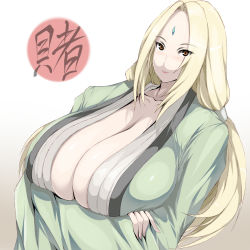 Rule 34 | 1girl, blonde hair, breast hold, breasts, brown eyes, cleavage, crossed arms, female focus, gigantic breasts, japanese clothes, kimono, long hair, naruto, naruto (series), simple background, solo, tsukasawa takamatsu, tsunade (naruto), twintails, upper body, white background