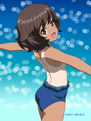 Rule 34 | 1girl, akiyama yukari, artist name, ass, blue one-piece swimsuit, blush, breasts, brown eyes, brown hair, clothes pull, dated, female focus, from side, girls und panzer, highres, looking at viewer, looking to the side, messy hair, naotosi, one-piece swimsuit, one-piece swimsuit pull, one-piece tan, open mouth, small breasts, solo, standing, swimsuit, tan, tanline