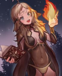 Rule 34 | 1girl, absurdres, ahoge, axeloust, blonde hair, bodystocking, book, breasts, cape, circlet, commission, commissioner upload, covered navel, fire, fire emblem, fire emblem fates, gluteal fold, green eyes, highres, holding, holding book, holding weapon, long hair, looking at viewer, medium breasts, night, night sky, nintendo, open mouth, ophelia (fire emblem), panties, sky, solo, star (sky), starry sky, thighs, underwear, upper body, weapon