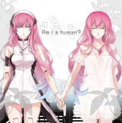 Rule 34 | 2girls, android, bad id, bad pixiv id, blue eyes, dress, dual persona, closed eyes, holding hands, headphones, highres, joints, long hair, megurine luka, multiple girls, pink hair, rahwia, robot joints, short dress, skirt, smile, vocaloid, white dress, white skirt