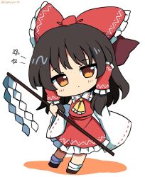 Rule 34 | 1girl, ascot, black footwear, blush, bow, brown eyes, chibi, detached sleeves, frilled bow, frills, gohei, hair bow, hair tubes, hakurei reimu, hashtag-only commentary, highres, holding, japanese clothes, looking at viewer, miko, nontraditional miko, ramudia (lamyun), red bow, red skirt, reimu day, ribbon-trimmed sleeves, ribbon trim, sidelocks, simple background, skirt, solo, standing, star (symbol), touhou, twitter username, white background, wide sleeves, yellow ascot