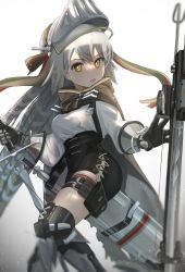 Rule 34 | 1girl, absurdres, arknights, armor, brown eyes, brown hair, cape, fartooth (arknights), feather hair, gloves, greaves, heimu (heim kstr), helmet, highres, pouch, quiver, shorts, simple background, sword, thigh pouch, thigh strap, thighhighs, weapon, white background