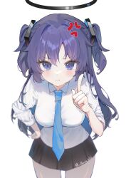 Rule 34 | 1girl, :t, anger vein, black skirt, blue archive, blue necktie, blurry, blush, breasts, collared shirt, commentary request, depth of field, hair ornament, halo, hand on own hip, hand up, highres, index finger raised, large breasts, long hair, long sleeves, looking at viewer, luna (luna610), miniskirt, necktie, pout, purple eyes, purple hair, shirt, sidelocks, simple background, skirt, sleeves rolled up, solo, triangle hair ornament, twitter username, two side up, v-shaped eyebrows, white background, white shirt, yuuka (blue archive)